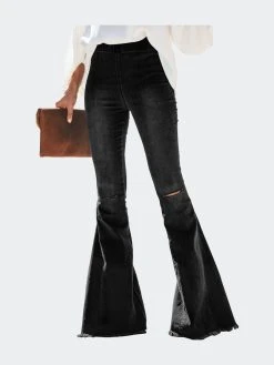 Anna-Kaci Elastic Waist Distressed Flared Long Bell Bottom Denim Jeans