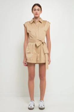 Grey Lab Shoulder Pleated Collared Romper