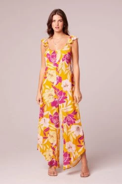 B.O.G. Collective Euphoria Gold Floral Wide Leg Jumpsuit - Gold/Fuchsia