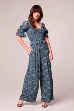 B.O.G. Collective Elise Teal Floral Wide Leg Pants