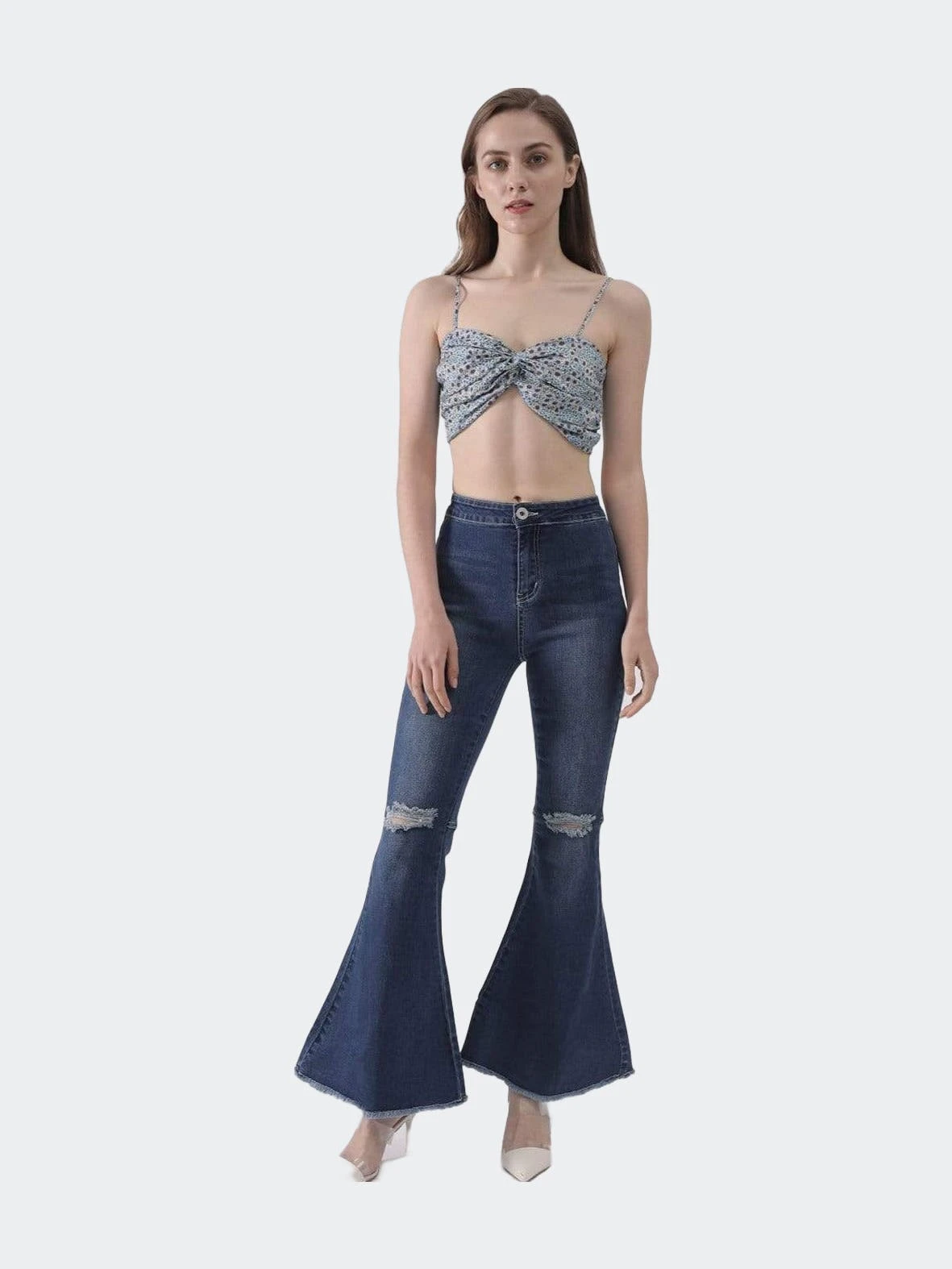 Anna-Kaci Distressed High Waist Classic Denim Bell Bottom Jeans