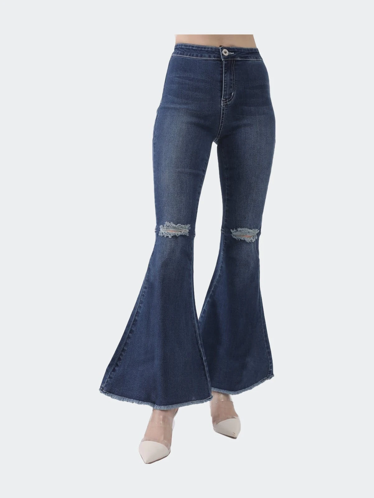Anna-Kaci Distressed High Waist Classic Denim Bell Bottom Jeans - Image 2