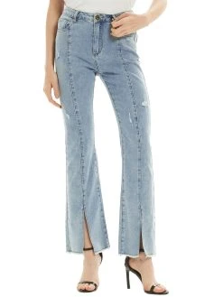 Anna-Kaci High Waist Distressed Slit Denim Jeans Long Pants With Pockets