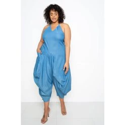 Buxom Couture Halter Neck Denim Jumpsuit Jumpsuits & Rompers Light Denim