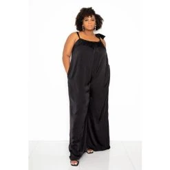 Buxom Couture Satin Tie Shoulder Jumpsuit Jumpsuits & Rompers Black