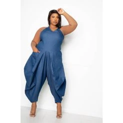 Buxom Couture Halter Neck Denim Jumpsuit Jumpsuits & Rompers